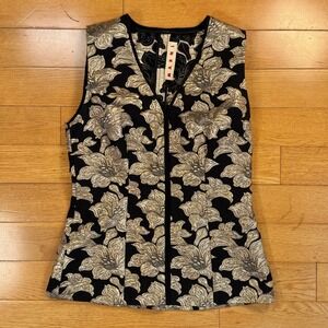 MARNI Black Gold Floral Brocade Sleeveless Top V-Neck Metallic Size 42